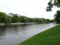 Grüne Ufer am Landwehrkanal Berlin mit Bäumen, Gebäuden und Menschen, die sich auf der Wiese entspannen.