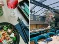 Ein Gericht mit Hühnchen und Gemüse, daneben ein Getränk. Im Hintergrund ein stilvolles Restaurant mit Spree-Blick.