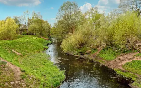 Ein idyllischer Panke Wanderweg schlängelt sich durch üppiges Grün. Ein kleiner Fluss fließt friedlich, gesäumt von Bäumen und Wiesen.