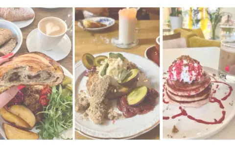 Leckeres vegan breakfast in Berlin: Croissant, Pancakes und ein süßer Kuchen mit Pflaumen.