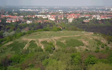 Blick vom Aussichtspunkt Drachenberg auf eine grüne Hügellandschaft mit Spaziergängern und der Stadt im Hintergrund.