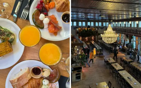 Frühstück mit Lachs und Orangensaft, daneben ein großer Speisesaal mit Kronleuchter – tolle berlin foodspots.