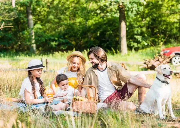 Familie genießt einen sonnigen **Picnic Berlin** im Grünen mit Hund.