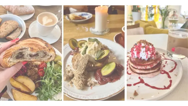 Leckeres vegan breakfast in Berlin: Croissant, Pancakes und ein süßer Kuchen mit Pflaumen.